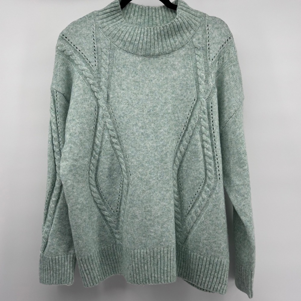 Investments Seafoam Green Cable Knit Mock Neck Sweater XL Wool Blend Pullover